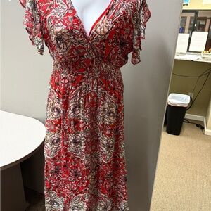 Le Raganne Silk Blend‎ Red Floral Midi Dress